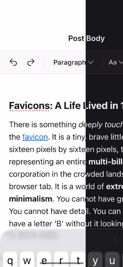Rich text editing in dark mode
